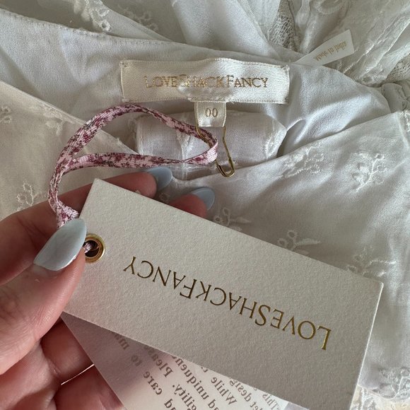 LoveShackFancy Cayden Silk High-Low Dress White Lace Eyelet Off Shoulder Gown - Picture 5 of 15